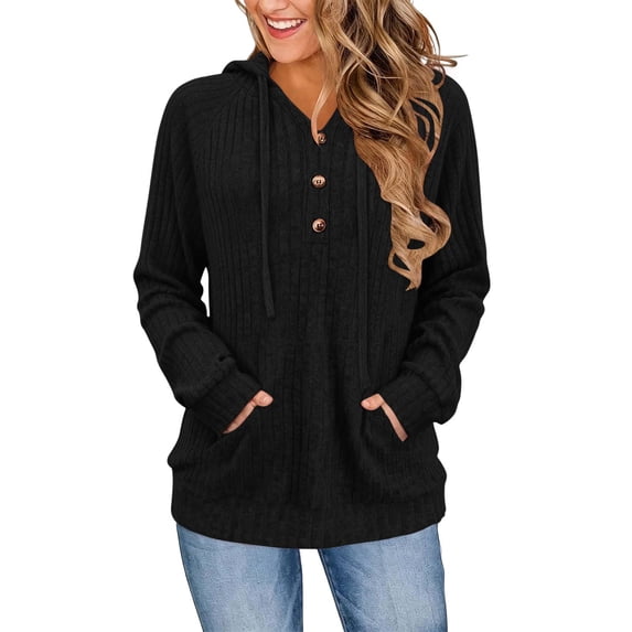 Women's Ribbed Knit Hoodies Half Button V Neck Drawstring Hooded Sweatshirt Long Sleeve Loose Casual Pullover Tops for Fall Winter Black