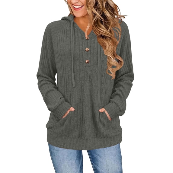 Women's Ribbed Knit Hoodies Half Button V Neck Drawstring Hooded Sweatshirt Long Sleeve Loose Casual Pullover Tops for Fall Winter Gray