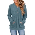thumbnail image 1 of Women's Ribbed Knit Hoodies Half Button V Neck Drawstring Hooded Sweatshirt Long Sleeve Loose Casual Pullover Tops for Fall Winter Light Blue, 1 of 6
