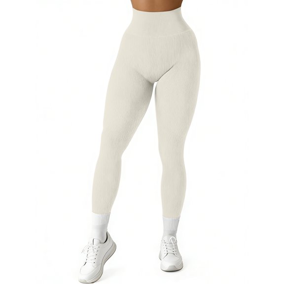 Women's Ribbed Knit Leggings, Solid Color Hip Lifting Yoga Fitness Pants, Textured Workout Pants for Pilates or Lounge, White - S