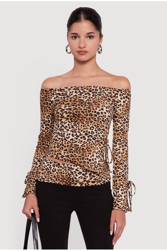 Women's Ribbed Knit Leopard Print Off the Shoulder Blouse