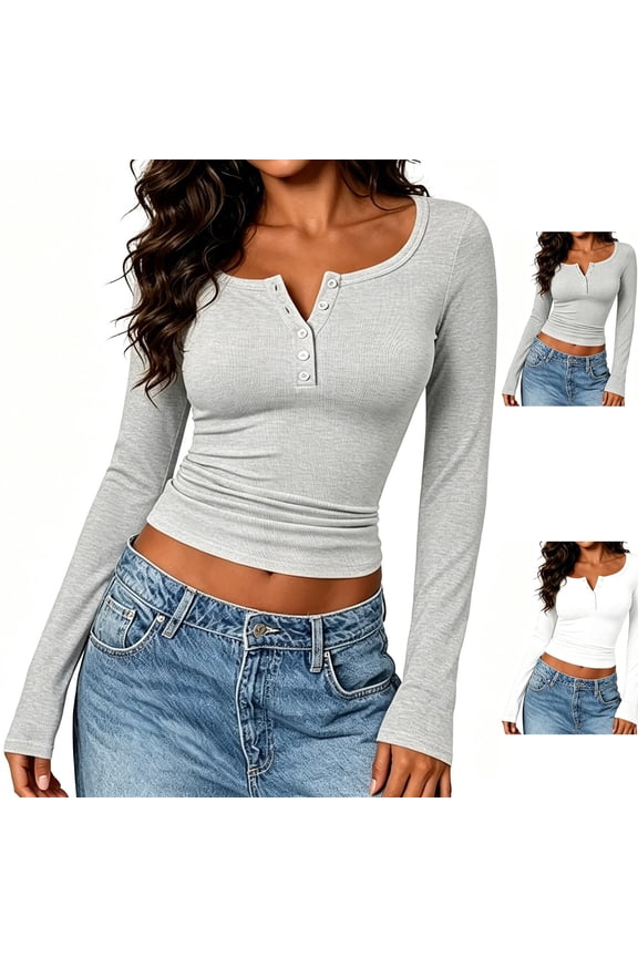 Women's Ribbed Knit Long Sleeve Henley Top Slim Fit Scoop Neck Button Front Fitted Tee Soft Stretch Layering Shirt for Fall Daily Wear, Gray, S