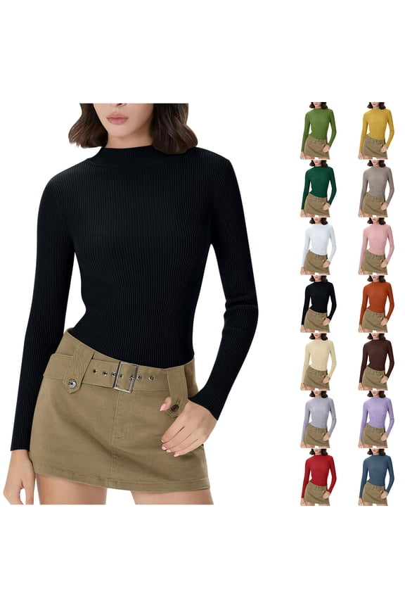 Women's Ribbed Knit Long Sleeve Mock Neck Slim Fit Thermal Base Layer Top Stretchy Lightweight Sweater Shirt for Fall Winter Black XXL