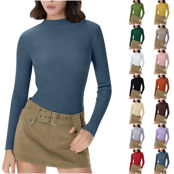 Women's Ribbed Knit Long Sleeve Mock Neck Slim Fit Thermal Base Layer Top Stretchy Lightweight Sweater Shirt for Fall Winter Blue S