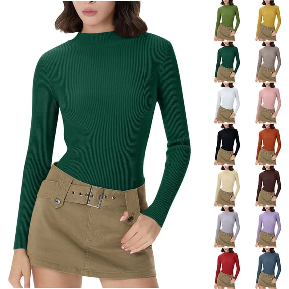 Women's Ribbed Knit Long Sleeve Mock Neck Slim Fit Thermal Base Layer Top Stretchy Lightweight Sweater Shirt for Fall Winter Green XXL
