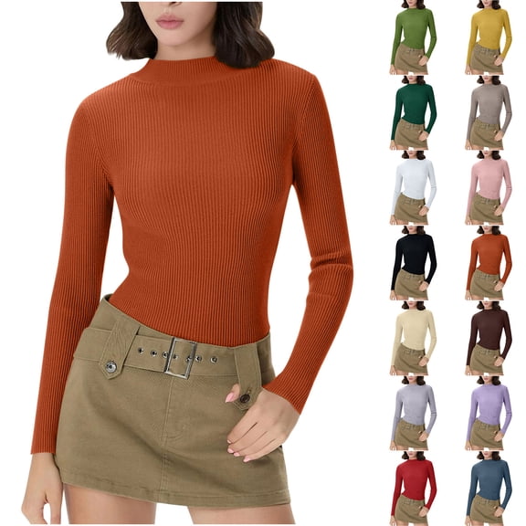 Women's Ribbed Knit Long Sleeve Mock Neck Slim Fit Thermal Base Layer Top Stretchy Lightweight Sweater Shirt for Fall Winter Orange XL