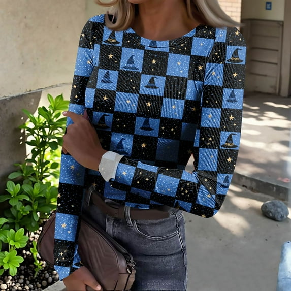 Women's Ribbed Knit Long Sleeve Plain Shirts Halloween Print Stretch V Neck Cute Jumper Tee Tops