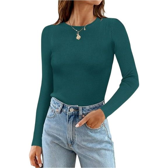 Women’s Ribbed Knit Long Sleeve Shirt Crewneck Slim Fit Basic Tops Casual Stretch Pullover Blouses for Fall Winter Fashion Daily Wear