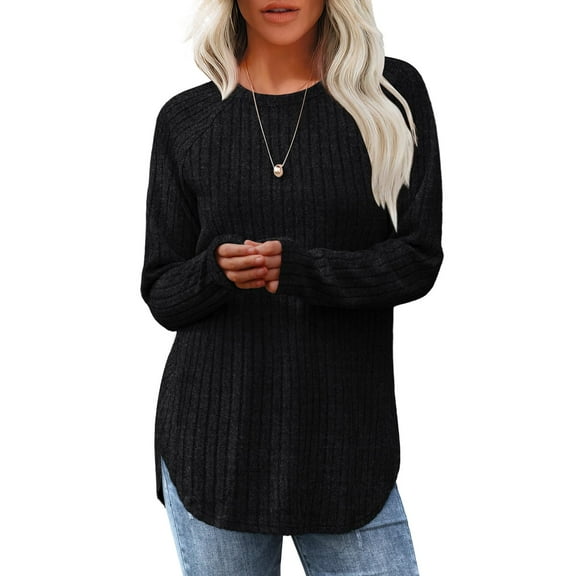 Women’s Ribbed Knit Long Sleeve Sweater Clothes Tunic Tops Loose Fit Dressy Crewneck Pullover Shirts Curved Hem Relaxed Fit Crew Neck Top Fall Winter Clothes Casual Outfits