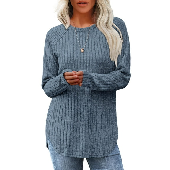Women’s Ribbed Knit Long Sleeve Sweater Clothes Tunic Tops Loose Fit Dressy Crewneck Pullover Shirts Curved Hem Relaxed Fit Crew Neck Top Fall Winter Clothes Casual Outfits