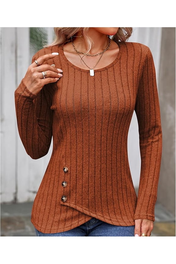 Women's Ribbed Knit Long Sleeve Top Fall/Winter Asymmetrical Hem Buttoned Fitted Crew Neck Sweater