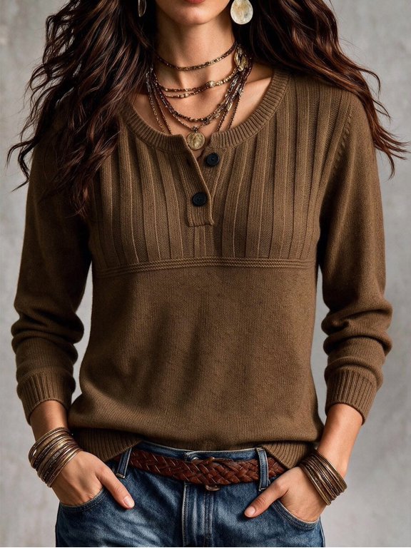 Women's Ribbed Knit Long Sleeve Top, Half-Button Henley Collar Sweater