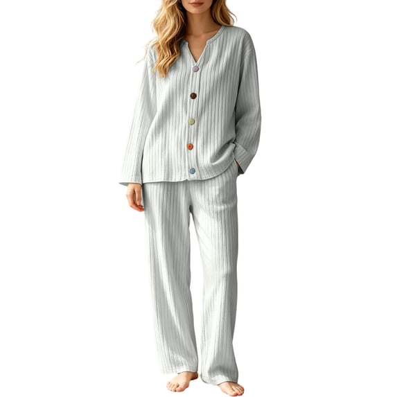 Women's Ribbed Knit Lounge Set 2 Piece Outfits Button Pajamas SetsLong Sleeve Top and Pants, Matching Paj