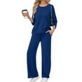 thumbnail image 1 of Women's Ribbed Knit Lounge Set, Straight Leg Pants Two Piece Outfit, Long Sleeve Top and Pants Set, Comfortable Elastic Waistband, Relaxed Fit Casual Home Suit Dark Blue L, 1 of 7