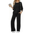 thumbnail image 1 of Women's Ribbed Knit Lounge Set, Straight Leg Pants Two Piece Outfit, Long Sleeve Top and Pants Set, Comfortable Elastic Waistband, Relaxed Fit Casual Home Suit Black L, 1 of 8