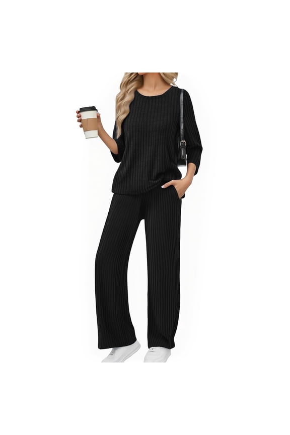 Women's Ribbed Knit Lounge Set, Straight Leg Pants Two Piece Outfit, Long Sleeve Top and Pants Set, Comfortable Elastic Waistband, Relaxed Fit Casual Home Suit Black L