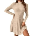 thumbnail image 1 of Women's Ribbed Knit Mini Dress - Basic Slim Fitted Mock Neck Long Sleeve A-Line Short Sweater Dresses, 1 of 9
