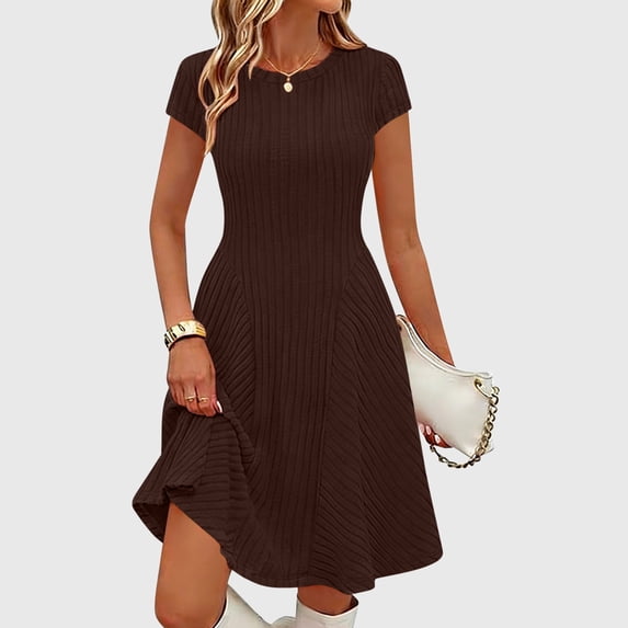 Women's Ribbed Knit Mini Dress Short Sleeve Round Neck Flared A-Line Fitted Short Dress for Casual Daily Wear Brown M
