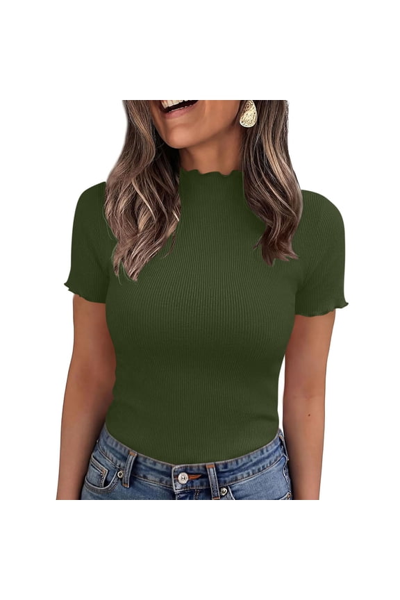Women's Ribbed Knit Mock Neck Short Sleeve Top, Slim Fit Ruffle Edge Tee, Form Fitting Casual T-Shirt with Lettuce Trim Army Green S