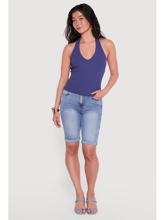 Women's Ribbed Knit Open Back Halter Top