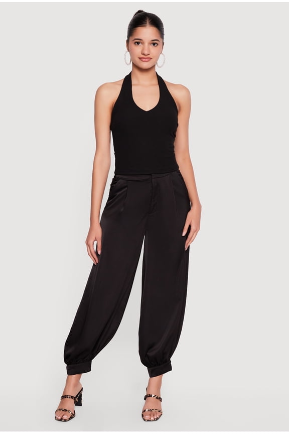Women's Ribbed Knit Open Back Halter Top