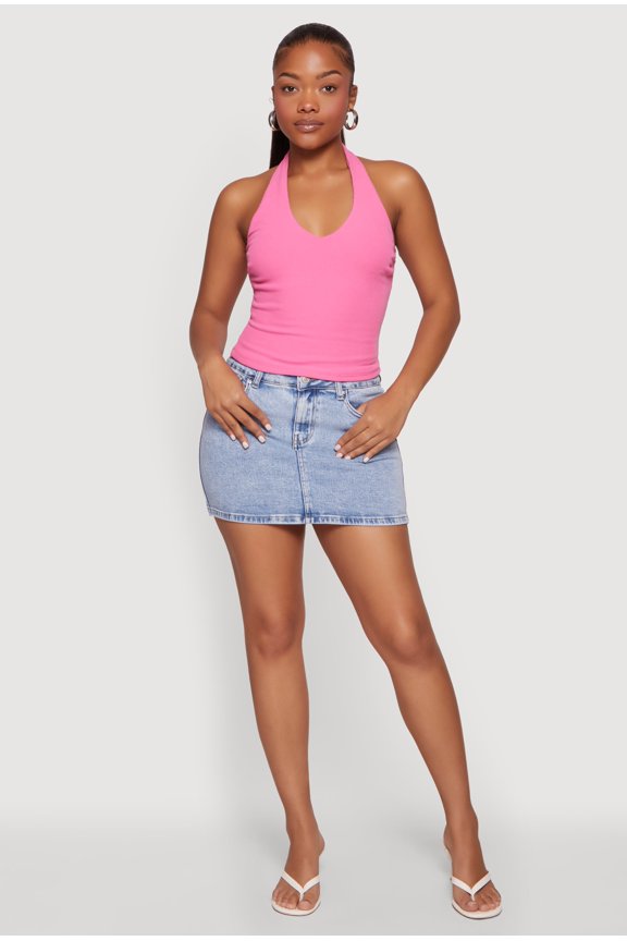 Women's Ribbed Knit Open Back Halter Top