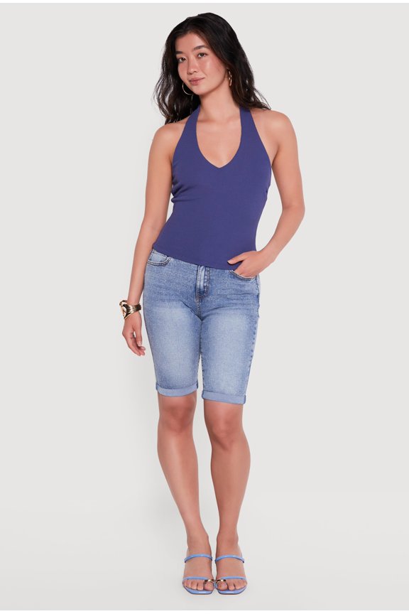 Women's Ribbed Knit Open Back Halter Top