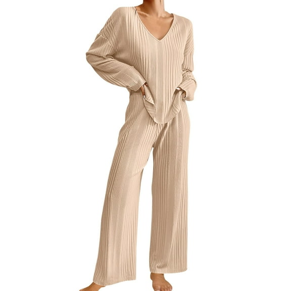 Women's Ribbed Knit Pajama Set - V-Neck Long Sleeve Top & Pants, Matching Loungewear, Soft Polyester for Winter