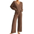 thumbnail image 1 of Women's Ribbed Knit Pajama Set - V-Neck Long Sleeve Top & Pants, Matching Loungewear, Soft Polyester for Winter, 1 of 6