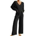 thumbnail image 1 of Women's Ribbed Knit Pajama Set - V-Neck Long Sleeve Top & Pants, Matching Loungewear, Soft Polyester for Winter, 1 of 5