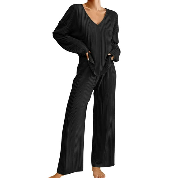 Women's Ribbed Knit Pajama Set - V-Neck Long Sleeve Top & Pants, Matching Loungewear, Soft Polyester for Winter