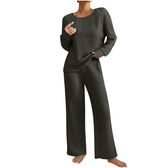Women's Ribbed Knit Pajama Sets 2 Pieces Long Sleeve Tops and Pants Outfits Casual Soft Set for Loungewear