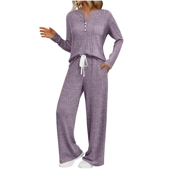 Women's Ribbed Knit Pajama Sets Pullover Long Sleeve Henley Shirt Matching Pants 2 Piece Sleepwear Comfy Lounge Sets