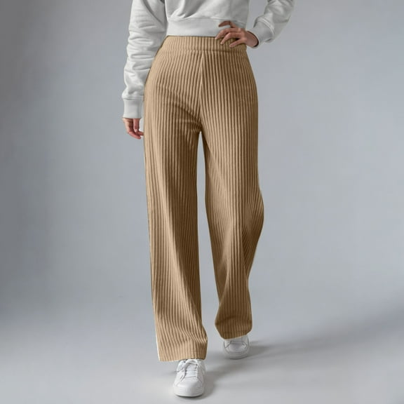 Women's Ribbed Knit Pants, High Waist Wide Leg Thermal Lined Trousers with Elastic Waistband, Winter Warm Lounge Pants for Casual Comfort and Streetwear Fashion Khaki M