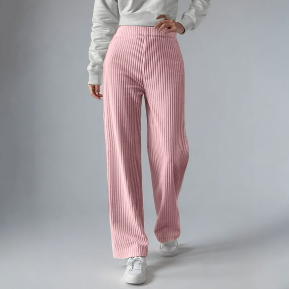 Women's Ribbed Knit Pants, High Waist Wide Leg Thermal Lined Trousers with Elastic Waistband, Winter Warm Lounge Pants for Casual Comfort and Streetwear Fashion Pink L