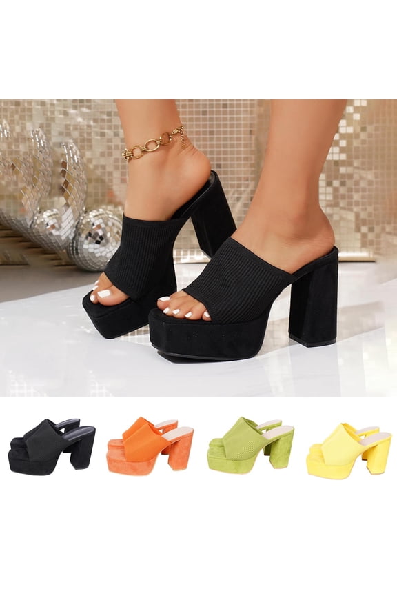 Women's Ribbed Knit Platform Mules, Trendy Open Toe Chunky Heel Slides, Comfortable Solid Color Slip On Heels for Summer, Plus Size Available for Wide Feet, Fashionable Outdoor Dress Shoes