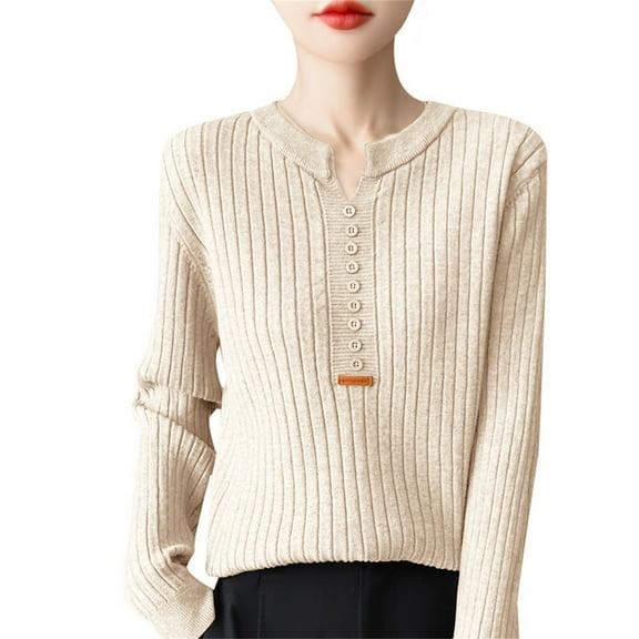 Women's Ribbed Knit Pullover Sweater, Adjustable Crewneck V-Neck Button Detail Long Sleeve Soft Warm Base Layer Top for Fall Winter Layering and Casual Wear Beige XXL