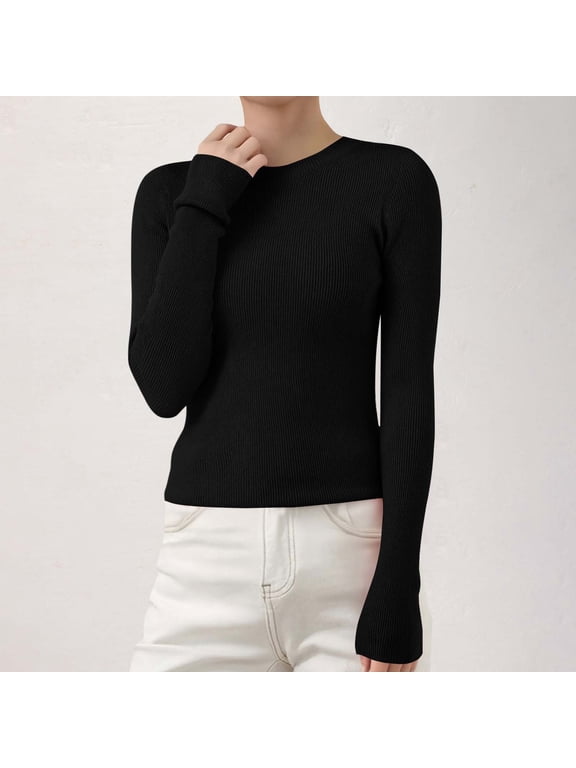 Women's Ribbed Knit Pullover Sweater, Slim Fit Soft Round Neck Top for Fall Winter, Comfortable Stretchy Casual Daily Wear, Versatile Layering Piece for Various Occasions Black M