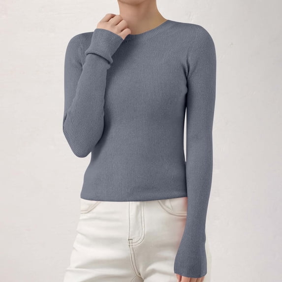 Women's Ribbed Knit Pullover Sweater, Slim Fit Soft Round Neck Top for Fall Winter, Comfortable Stretchy Casual Daily Wear, Versatile Layering Piece for Various Occasions Grey M