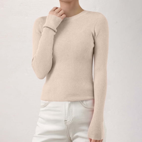 Women's Ribbed Knit Pullover Sweater, Slim Fit Soft Round Neck Top for Fall Winter, Comfortable Stretchy Casual Daily Wear, Versatile Layering Piece for Various Occasions Beige L