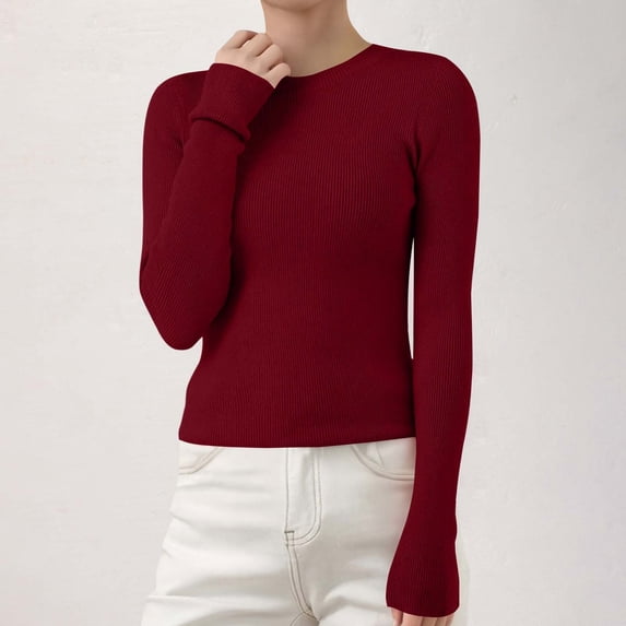 Women's Ribbed Knit Pullover Sweater, Slim Fit Soft Round Neck Top for Fall Winter, Comfortable Stretchy Casual Daily Wear, Versatile Layering Piece for Various Occasions Brick Red L