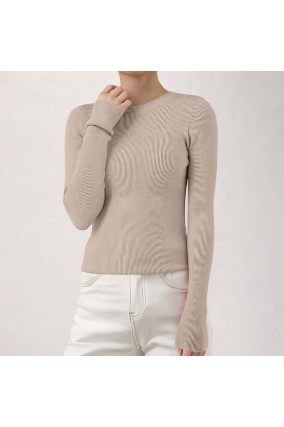 Women's Ribbed Knit Pullover Sweater, Slim Fit Soft Round Neck Top for Fall Winter, Comfortable Stretchy Casual Daily Wear, Versatile Layering Piece for Various Occasions Khaki M