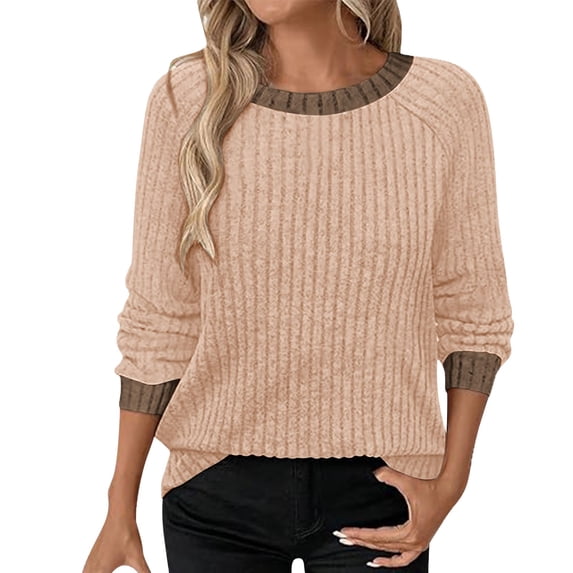 Women's Ribbed Knit Round Neck Sweater, Lightweight Oversized Pullover Top with Textured Pattern, Soft Breathable Thin Fabric for Casual Daily Wear, Layering Piece and All Season Comfort Beige S