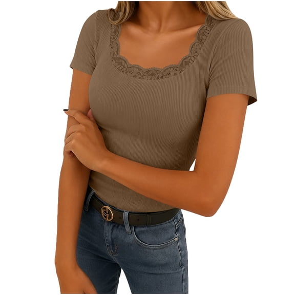 Women's Ribbed Knit Shirts Lace Scoop Neck Short Sleeve Blouse Tops Lace-Trim Y2k Fitted Blouses Tight Basic Tees Fashion Base Layer Casual Business Outfits Spring Clothes 2026 Trendy