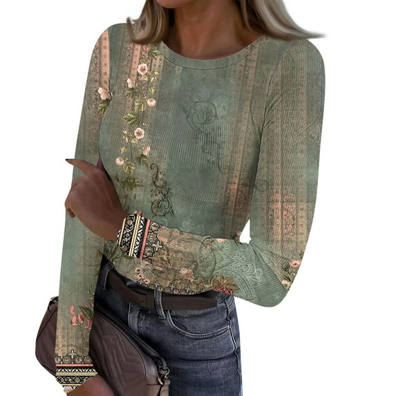 Women's Ribbed Knit Shirts Long Sleeve Stretch Casual Pullover Jumper Tops Floral Print Tshirts