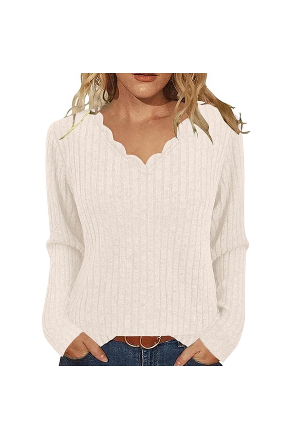Women's Ribbed Knit Shirts Wave Neck Textured Tunic Tops Casual Long Sleeve Baselayer Pullover Dressy Tops Blouses (S, Beige)