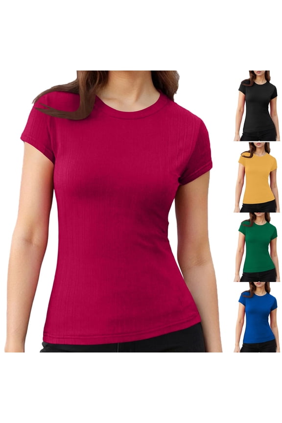 Women's Ribbed Knit Short Sleeve Crewneck T-Shirt Tee Top Casual Loose Fit Breathable Soft Stretch Summer Fashion Basic | CSEONE,Green XL