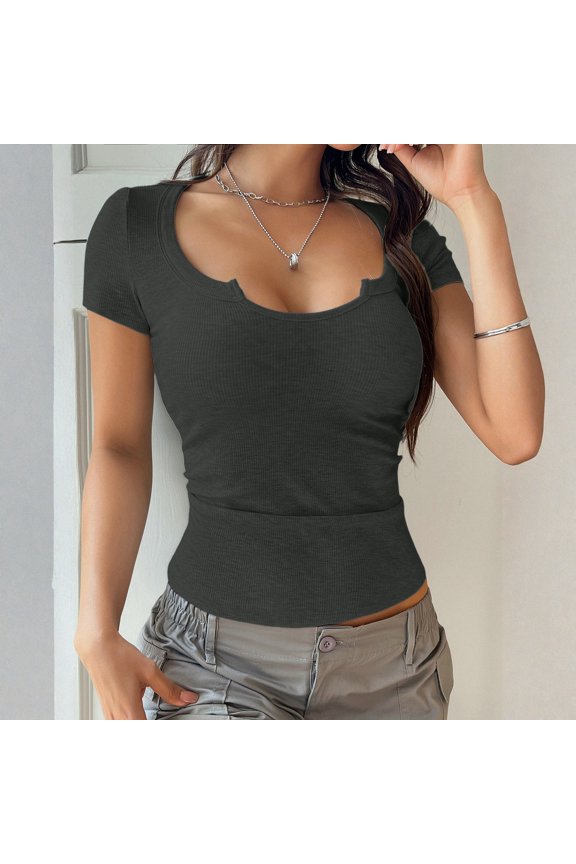 Women's Ribbed Knit Short Sleeve Crop Tops Form Fitting V Notch Scoop Neck Basic Casual Tees Dark Gray M