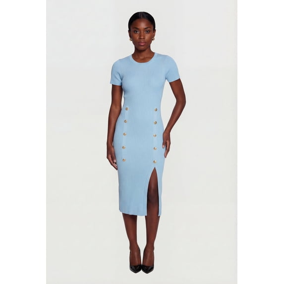 Women's Ribbed Knit Short Sleeve Midi Dress with Faux Buttons