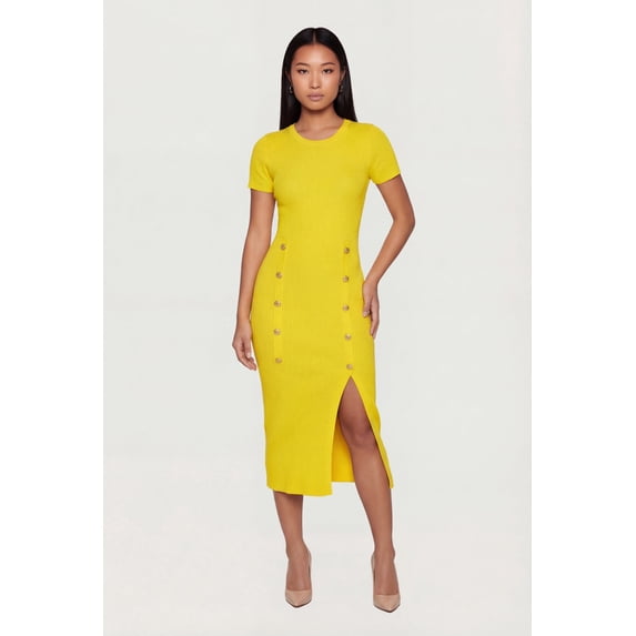 Women's Ribbed Knit Short Sleeve Midi Dress with Faux Buttons